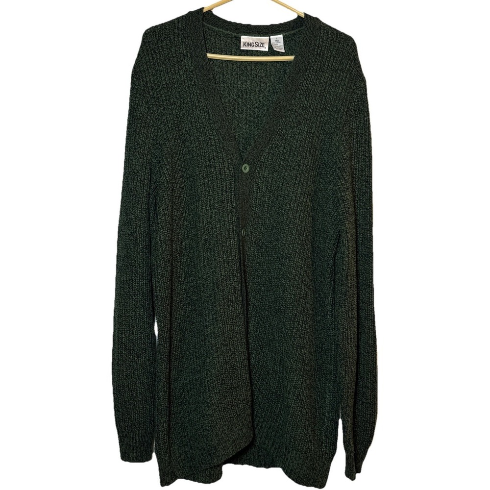 KingSize Men's L Tall Cardigan Sweater Dark Green Button Front Knit Acrylic